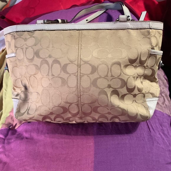 White and tan coach canvas with leather trim. - Picture 4 of 13